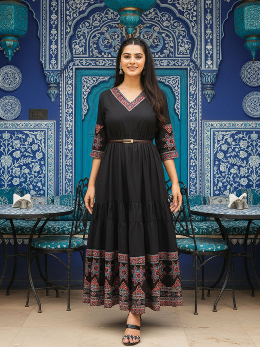 Soft Cotton Solid Tiered Black Dress