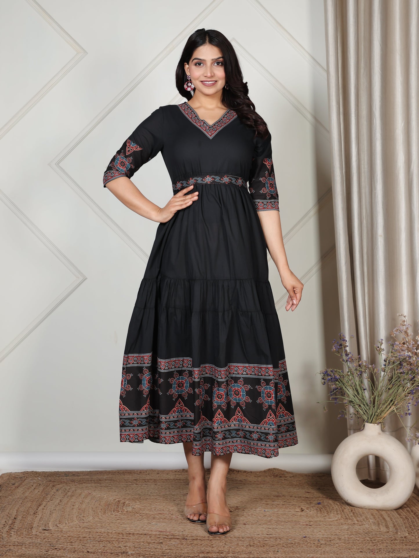Soft Cotton Solid Tiered Black Dress