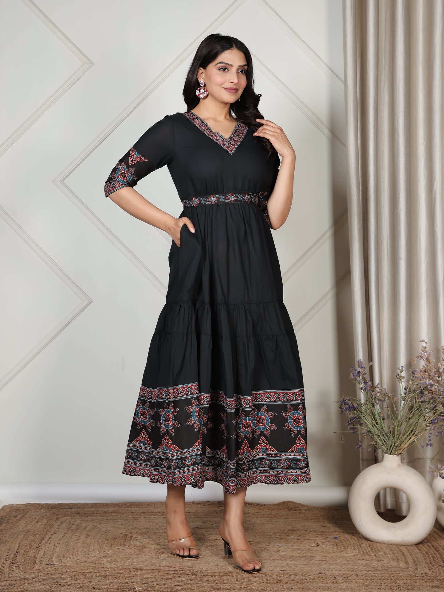 Soft Cotton Solid Tiered Black Dress