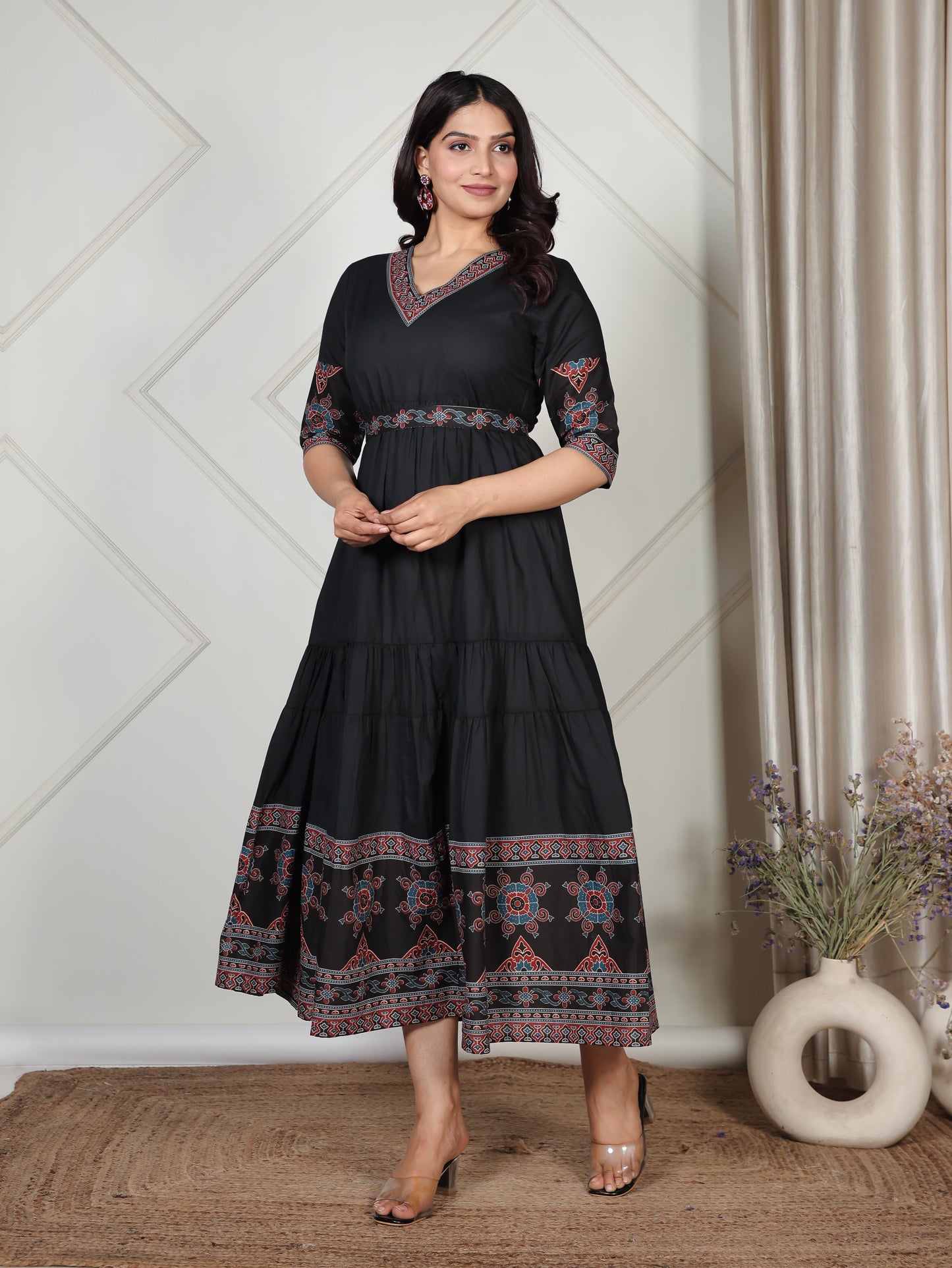 Soft Cotton Solid Tiered Black Dress