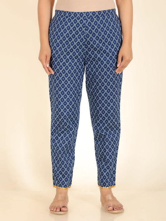 Soft Cotton Geometric Blue Tapered Trousers