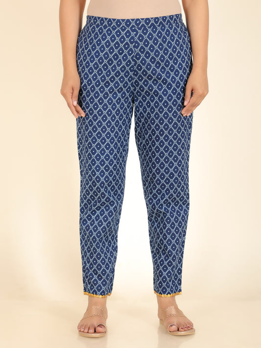 Soft Cotton Geometric Blue Tapered Trousers