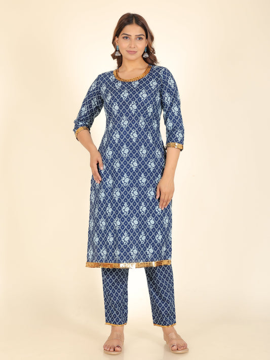 Soft Cotton Floral Straight Blue Kurta