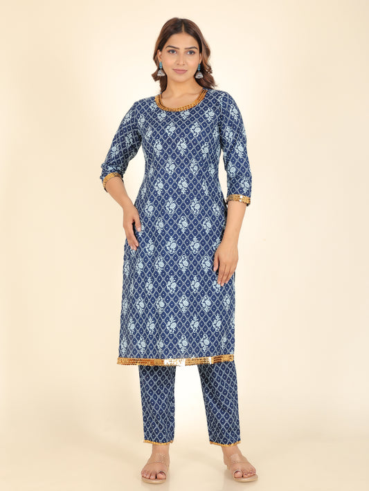 Soft Cotton Floral Straight Blue Kurta
