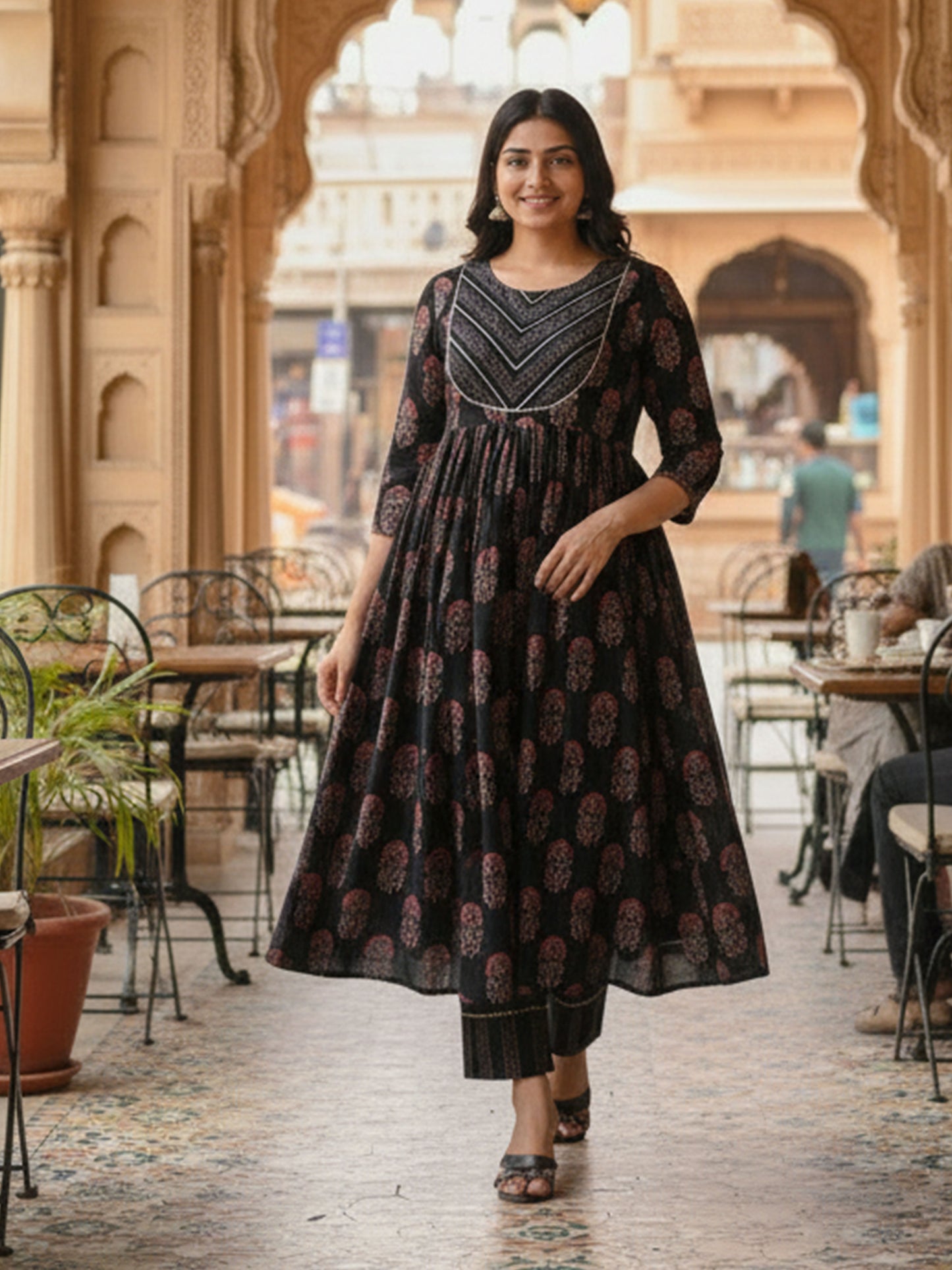 Embroidered Soft Cotton Floral Gathered Brown Kurta