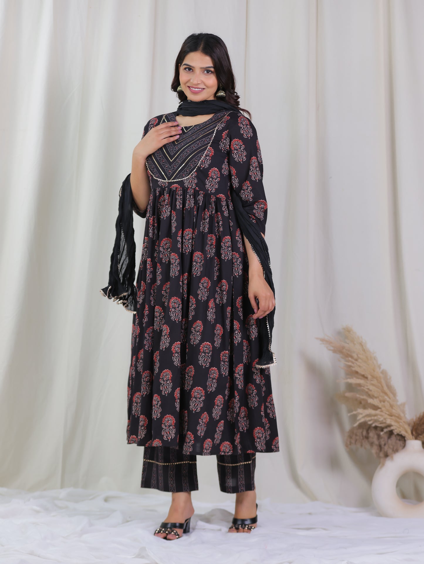 Embroidered Soft Cotton Floral Gathered Brown Kurta