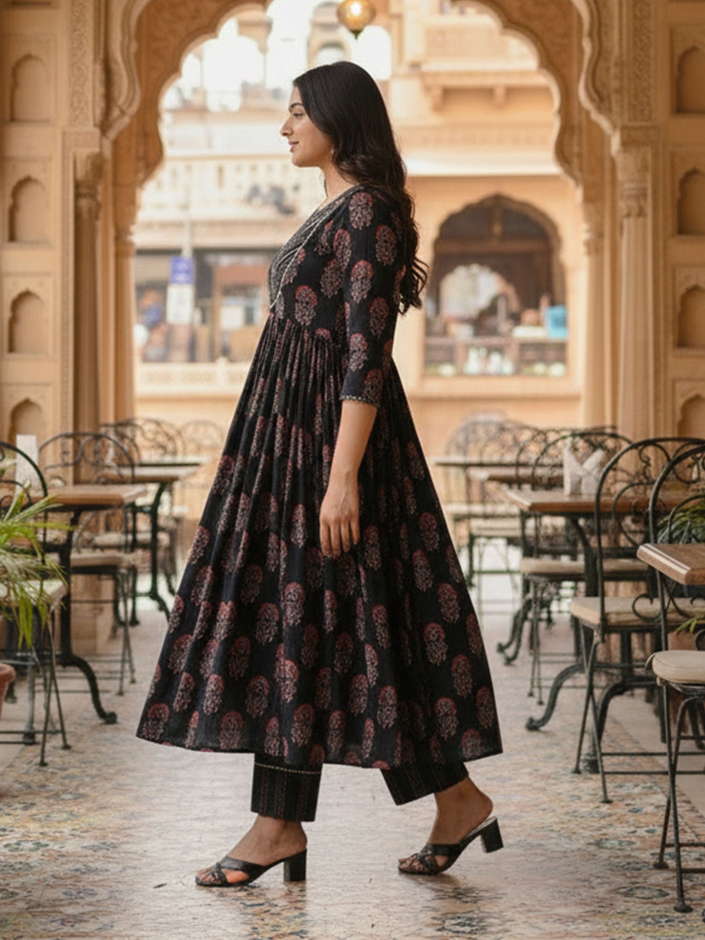 Embroidered Soft Cotton Floral Gathered Brown Kurta