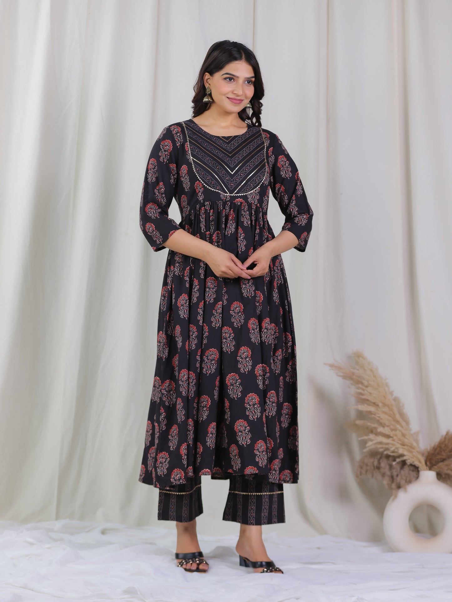 Embroidered Soft Cotton Floral Gathered Brown Kurta