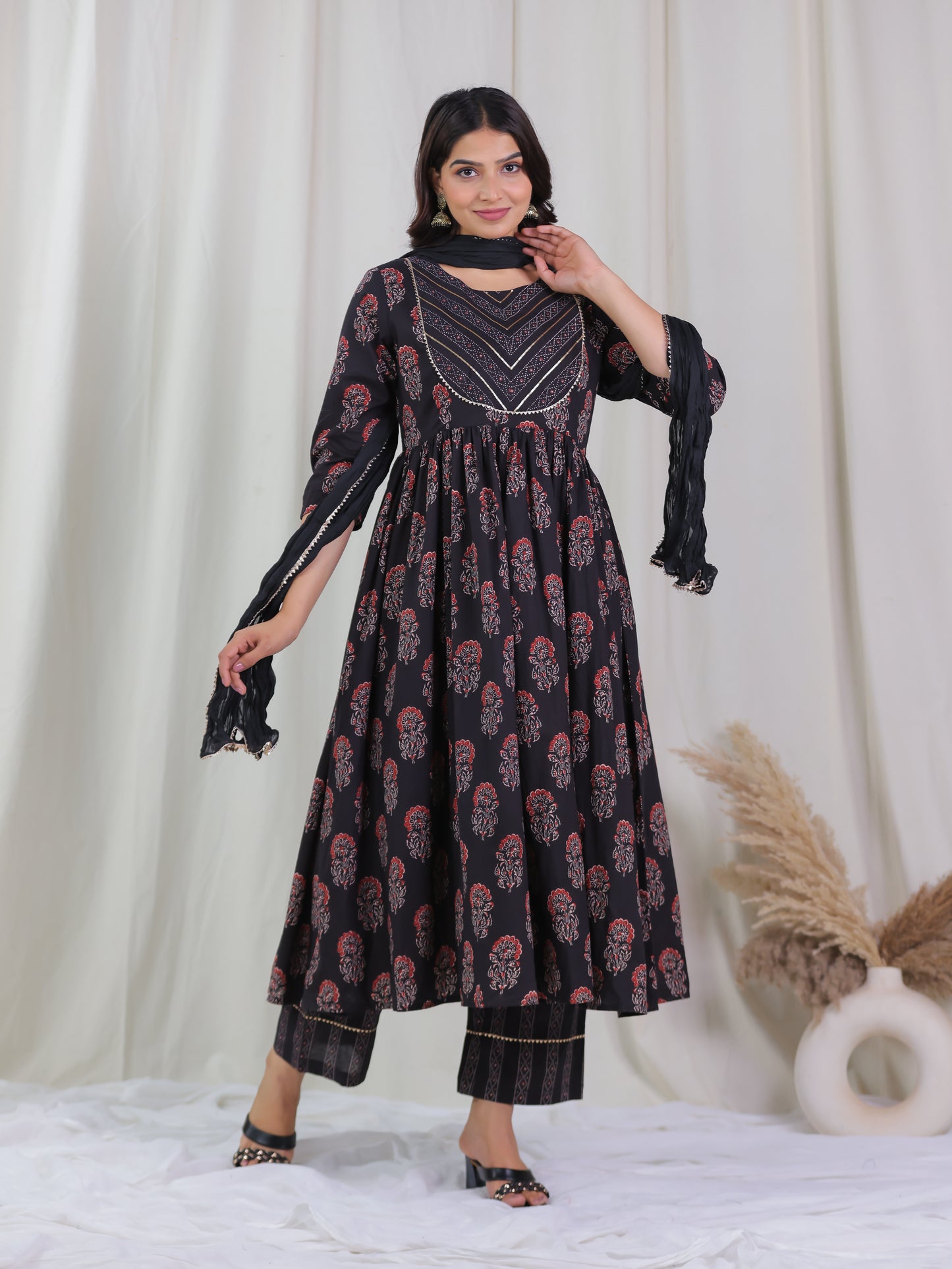 Embroidered Soft Cotton Floral Gathered Brown Kurta