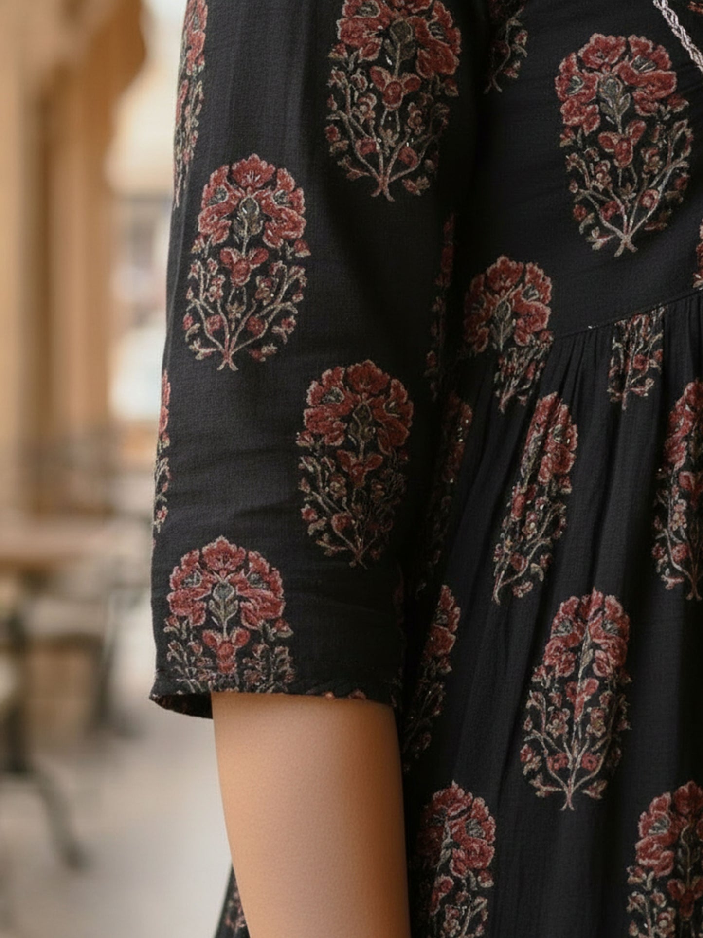 Embroidered Soft Cotton Floral Gathered Brown Kurta