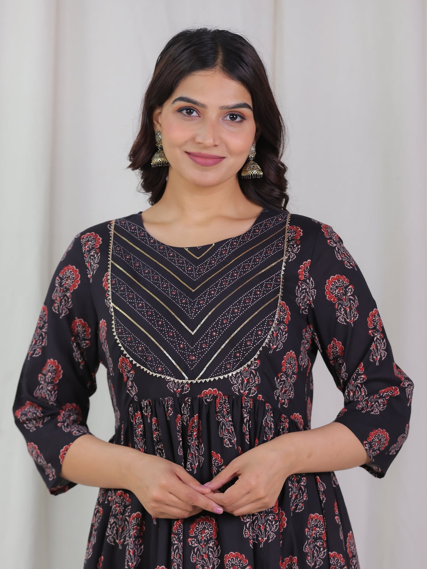 Embroidered Soft Cotton Floral Gathered Brown Kurta