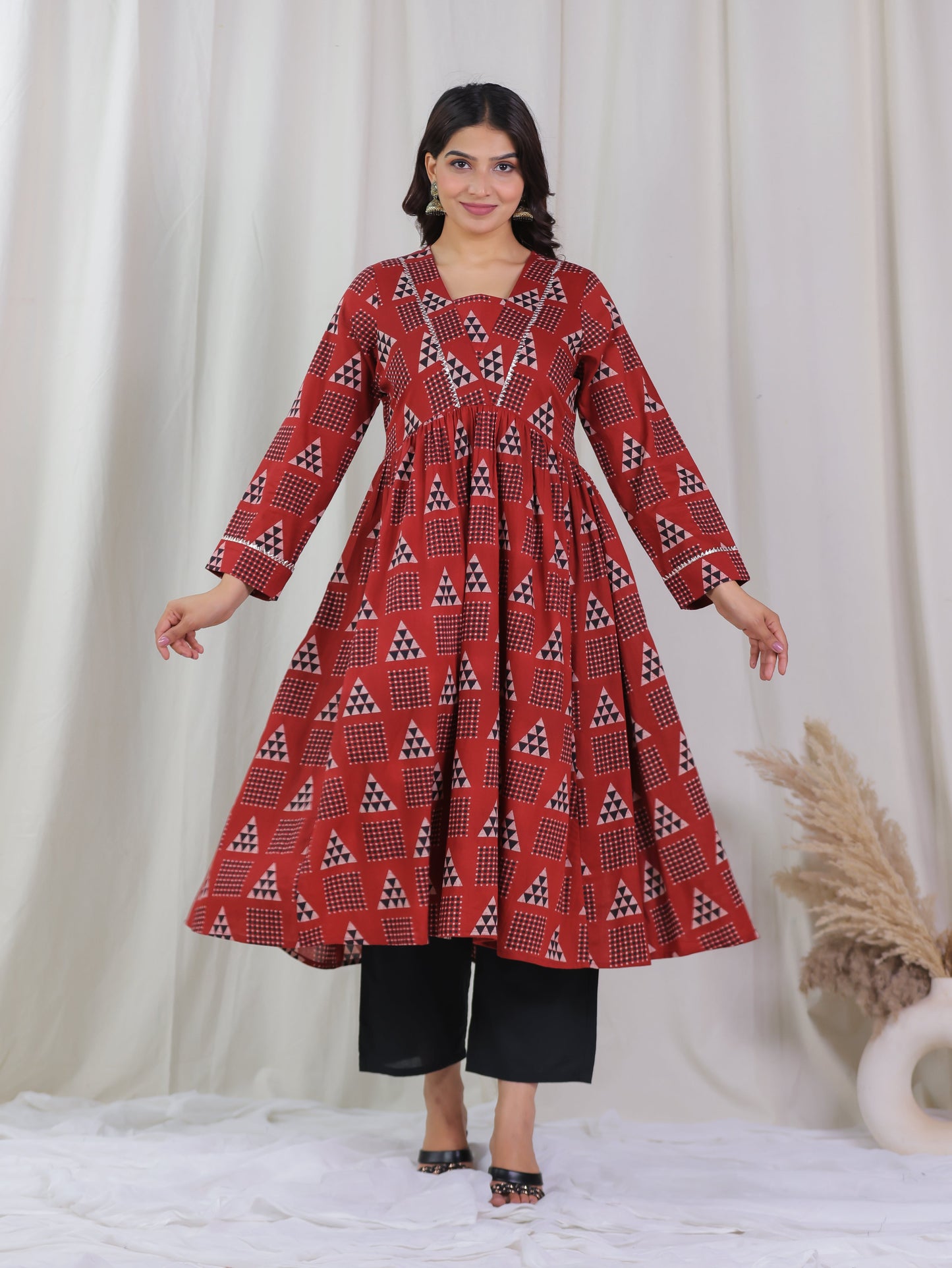 Soft Cotton Geometric Gathered Rust Kurta