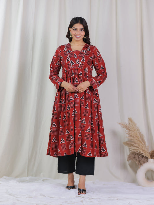Soft Cotton Geometric Gathered Rust Kurta