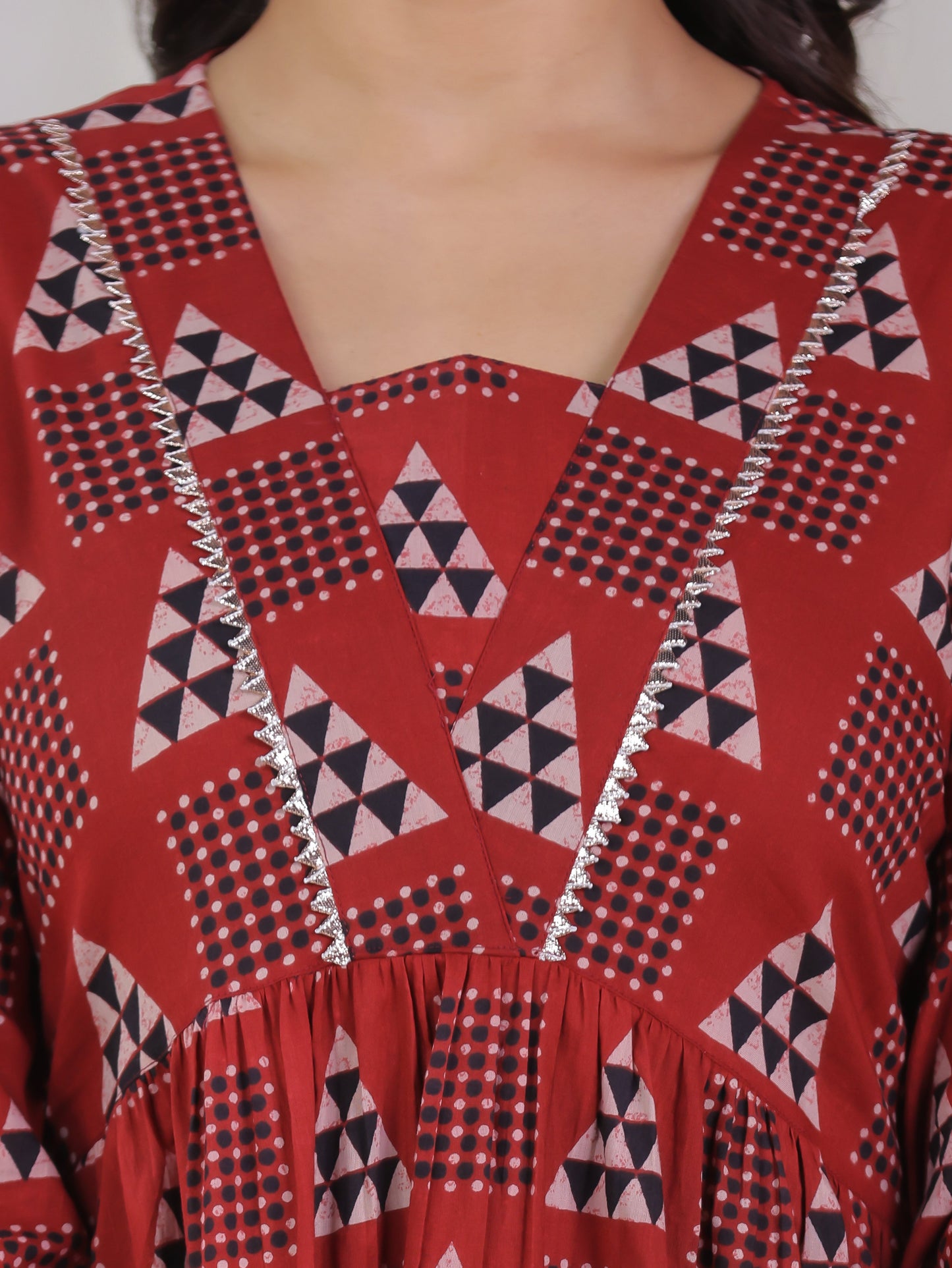 Soft Cotton Geometric Gathered Rust Kurta