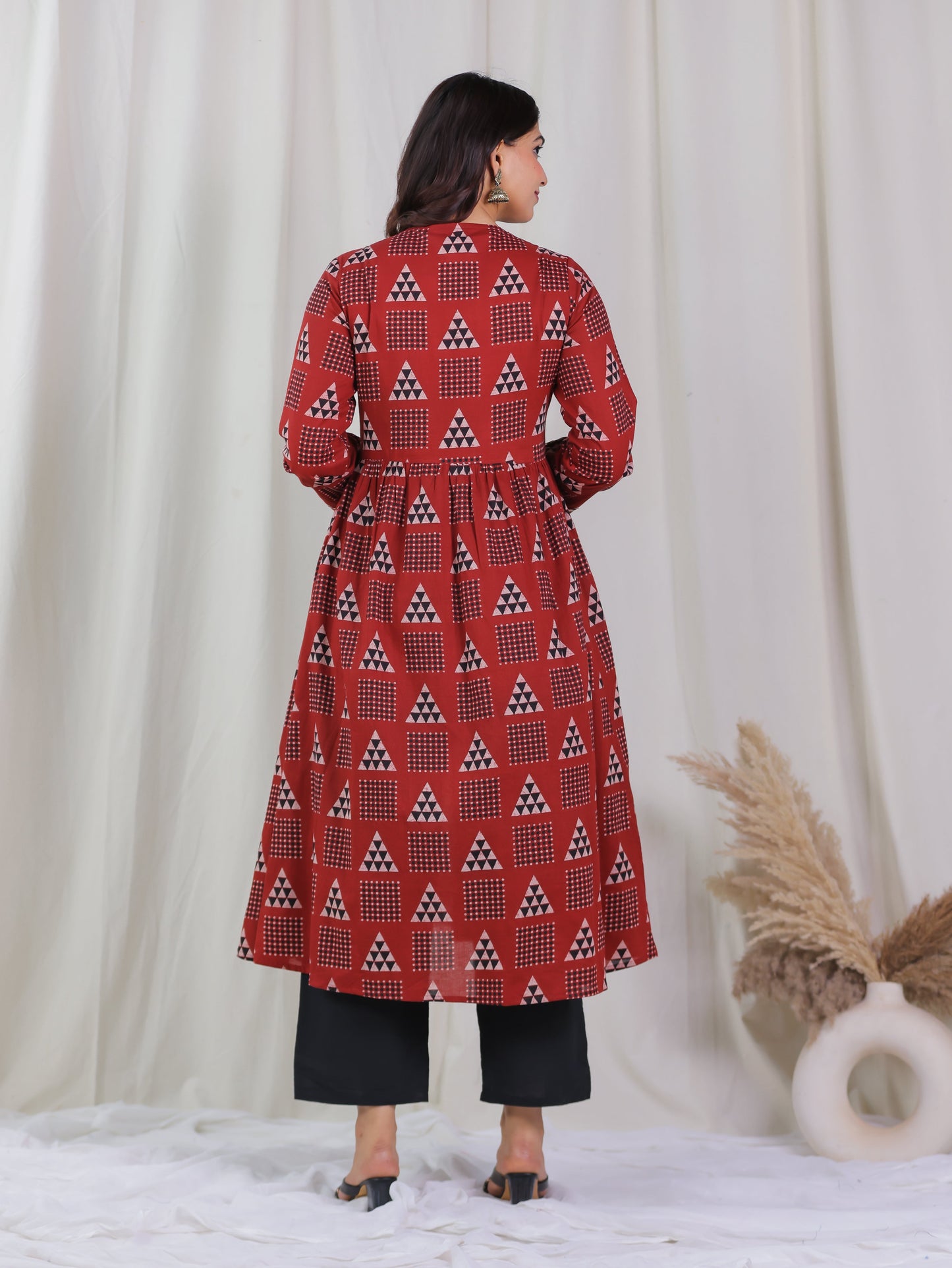 Soft Cotton Geometric Gathered Rust Kurta