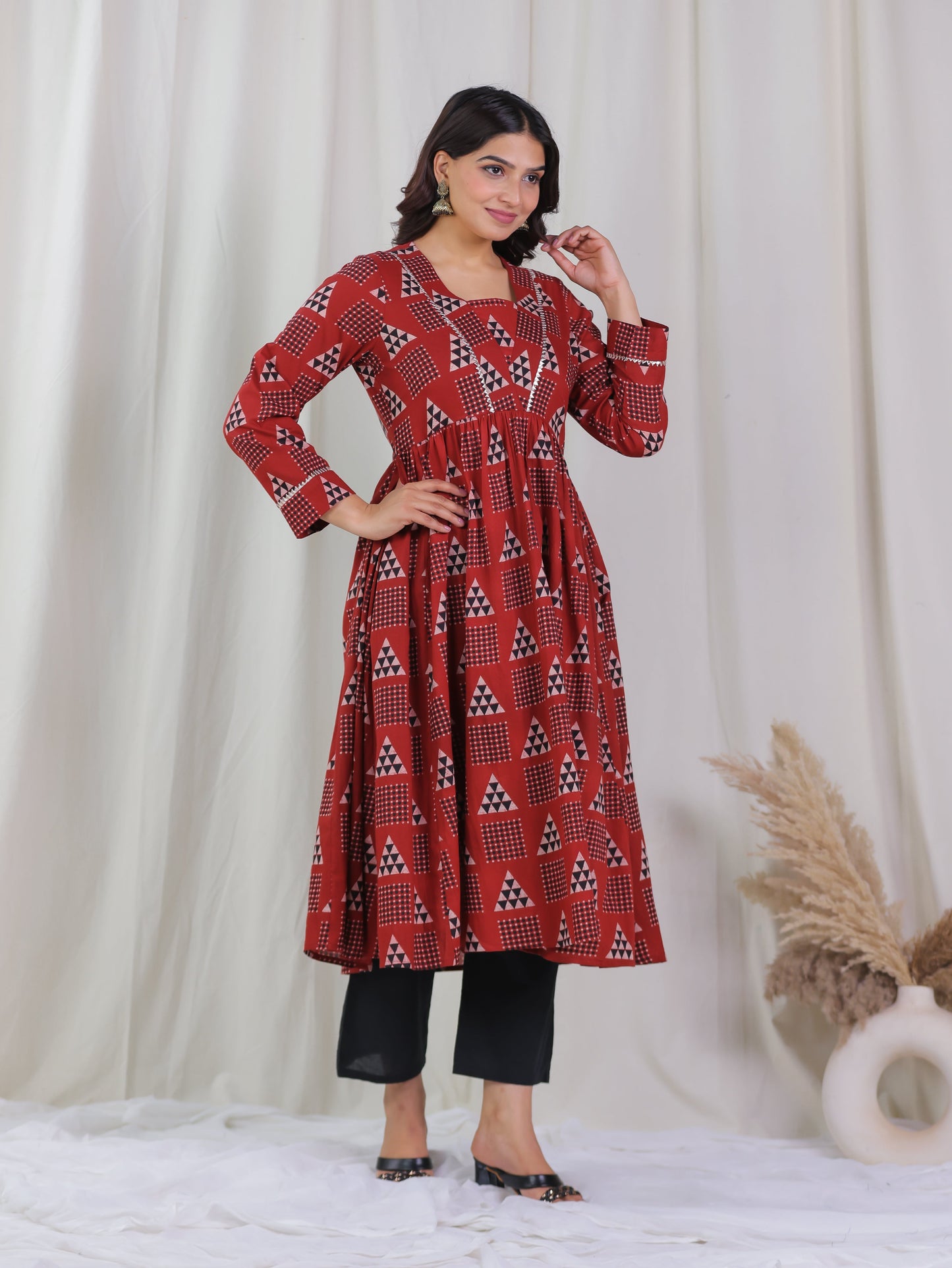 Soft Cotton Geometric Gathered Rust Kurta