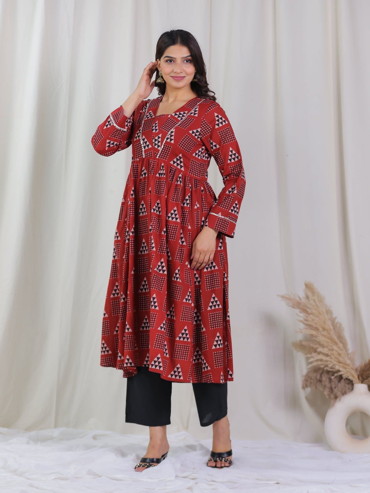 Soft Cotton Geometric Gathered Rust Kurta