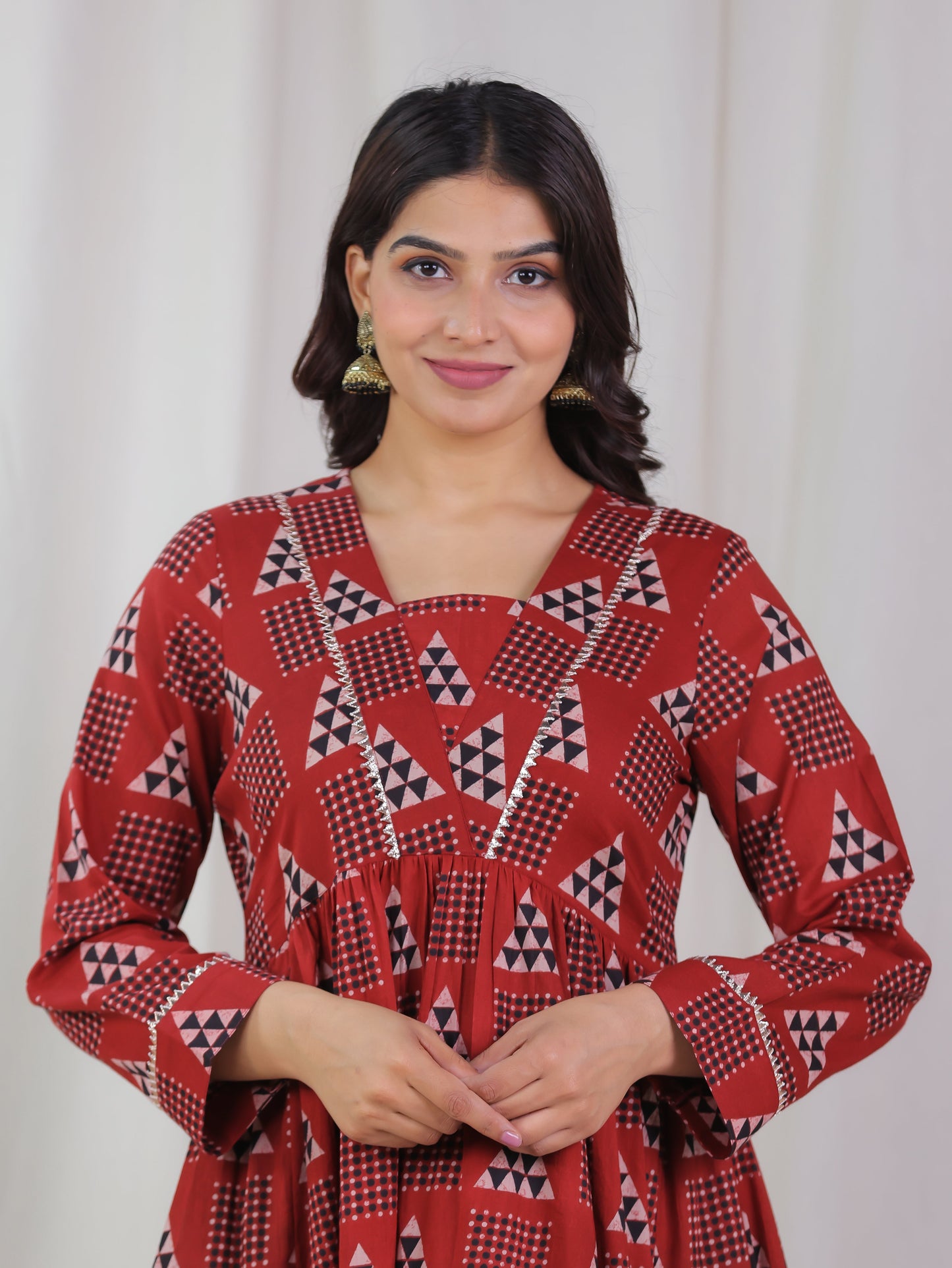 Soft Cotton Geometric Gathered Rust Kurta
