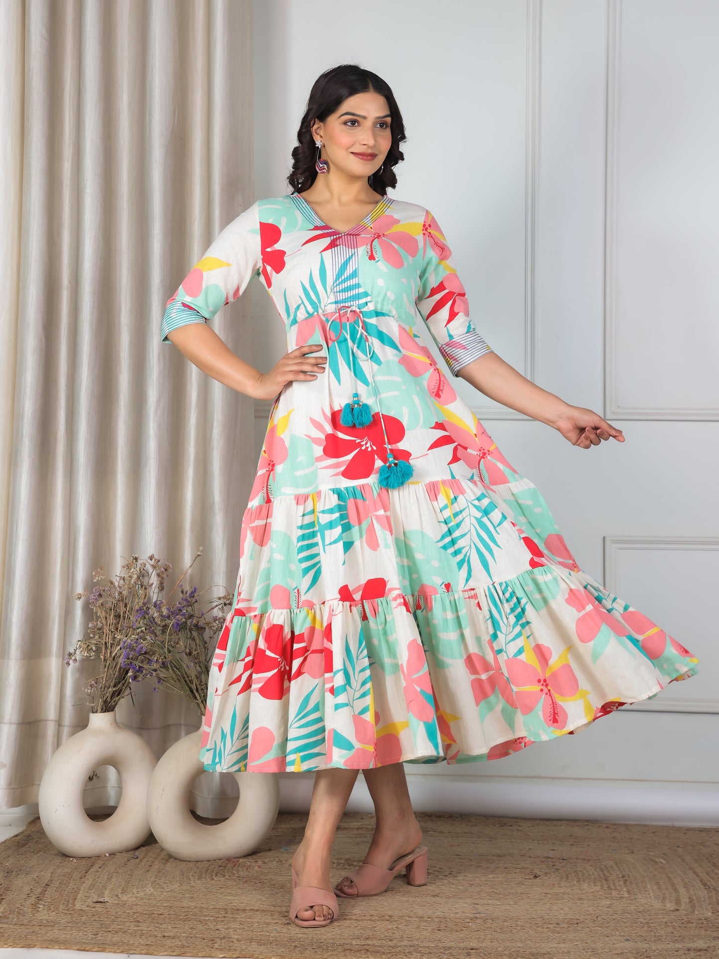 Embroidered Linen Cotton Floral A-line Multicolor Dress