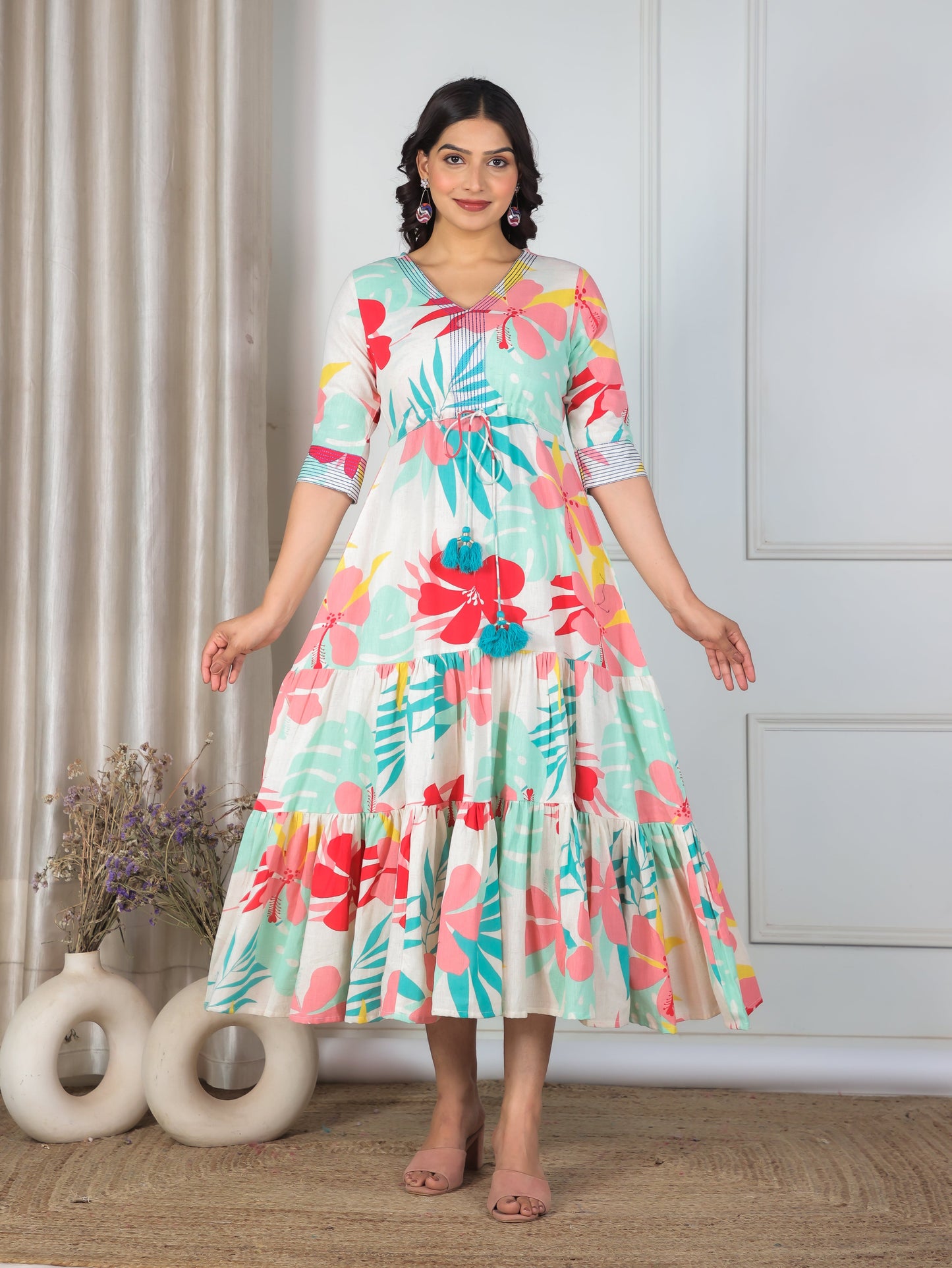 Embroidered Linen Cotton Floral A-line Multicolor Dress