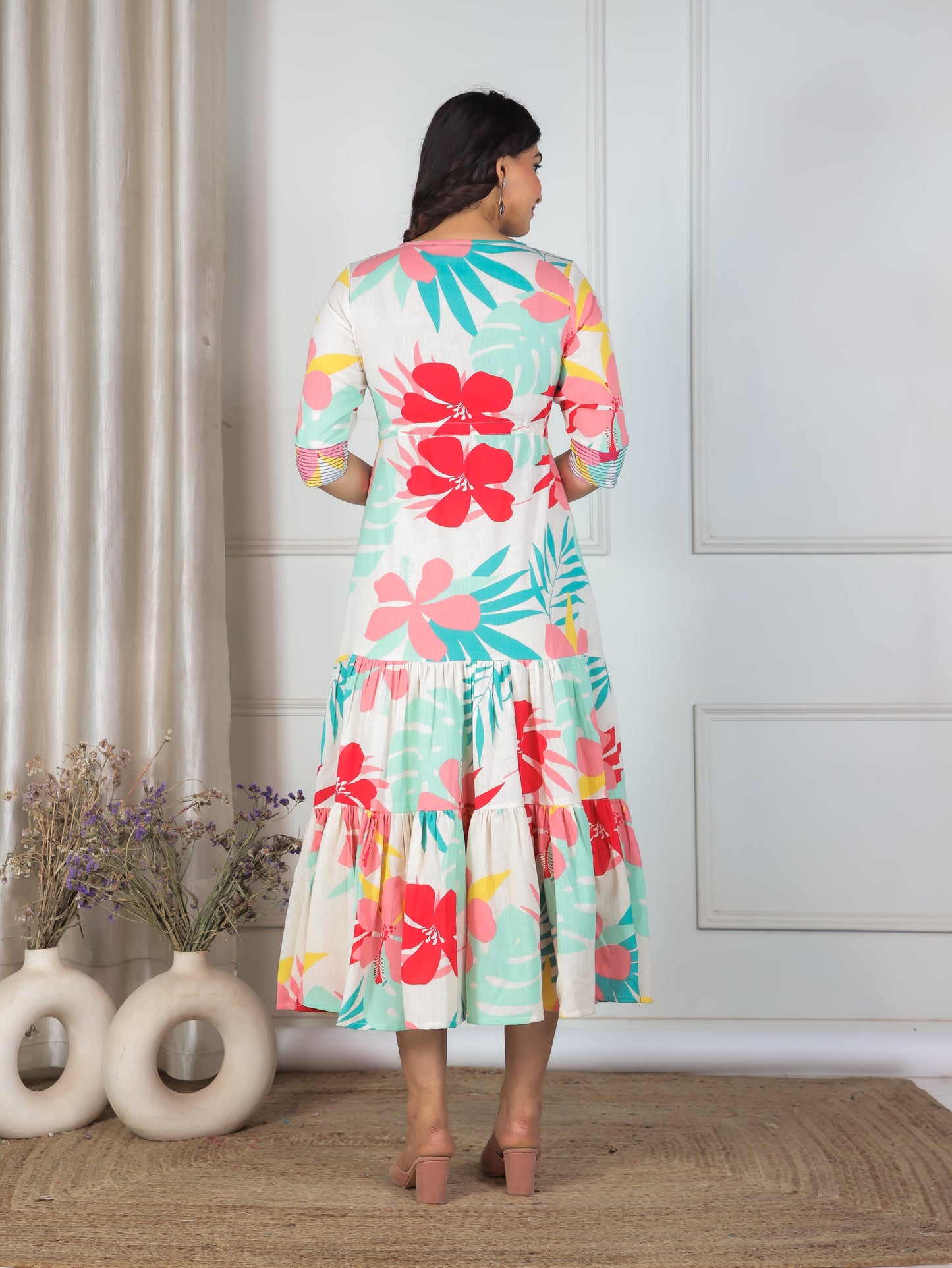 Embroidered Linen Cotton Floral A-line Multicolor Dress