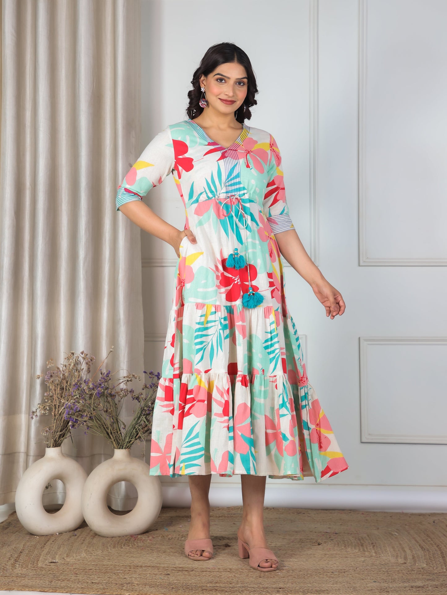 Embroidered Linen Cotton Floral A-line Multicolor Dress