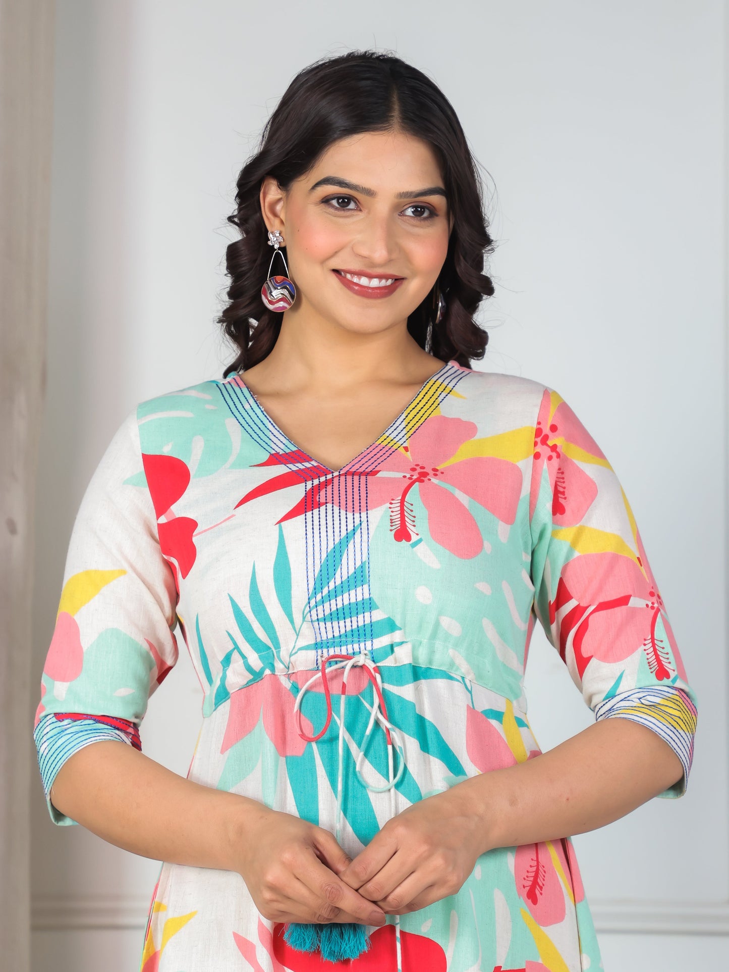 Embroidered Linen Cotton Floral A-line Multicolor Dress