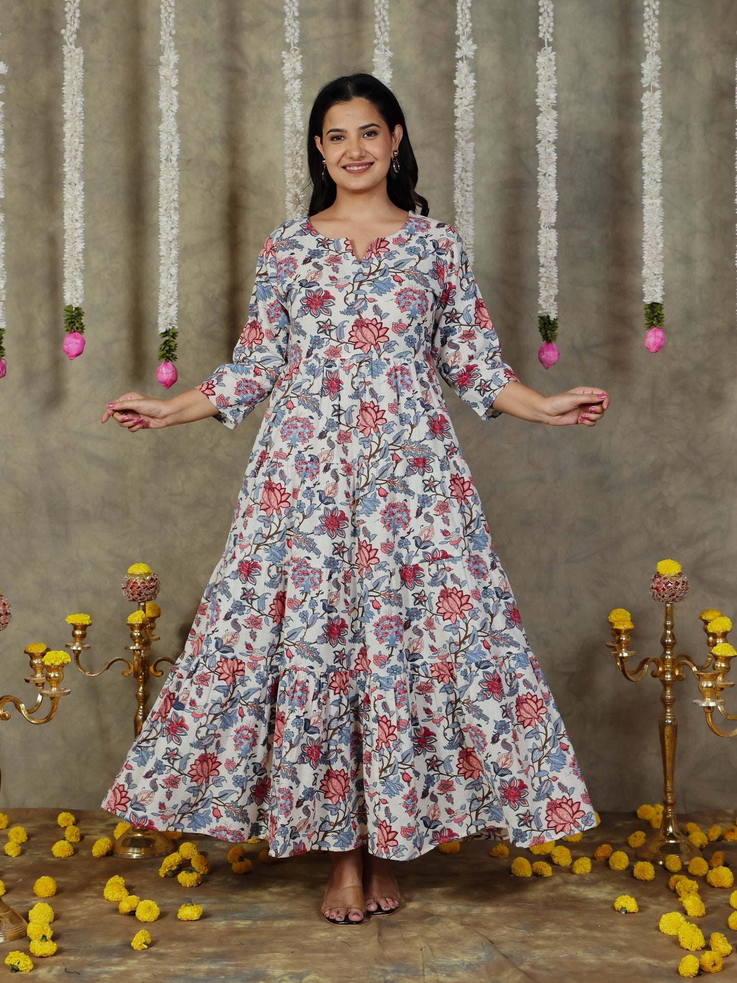 Linen Cotton Floral Anarkali Off White Dress