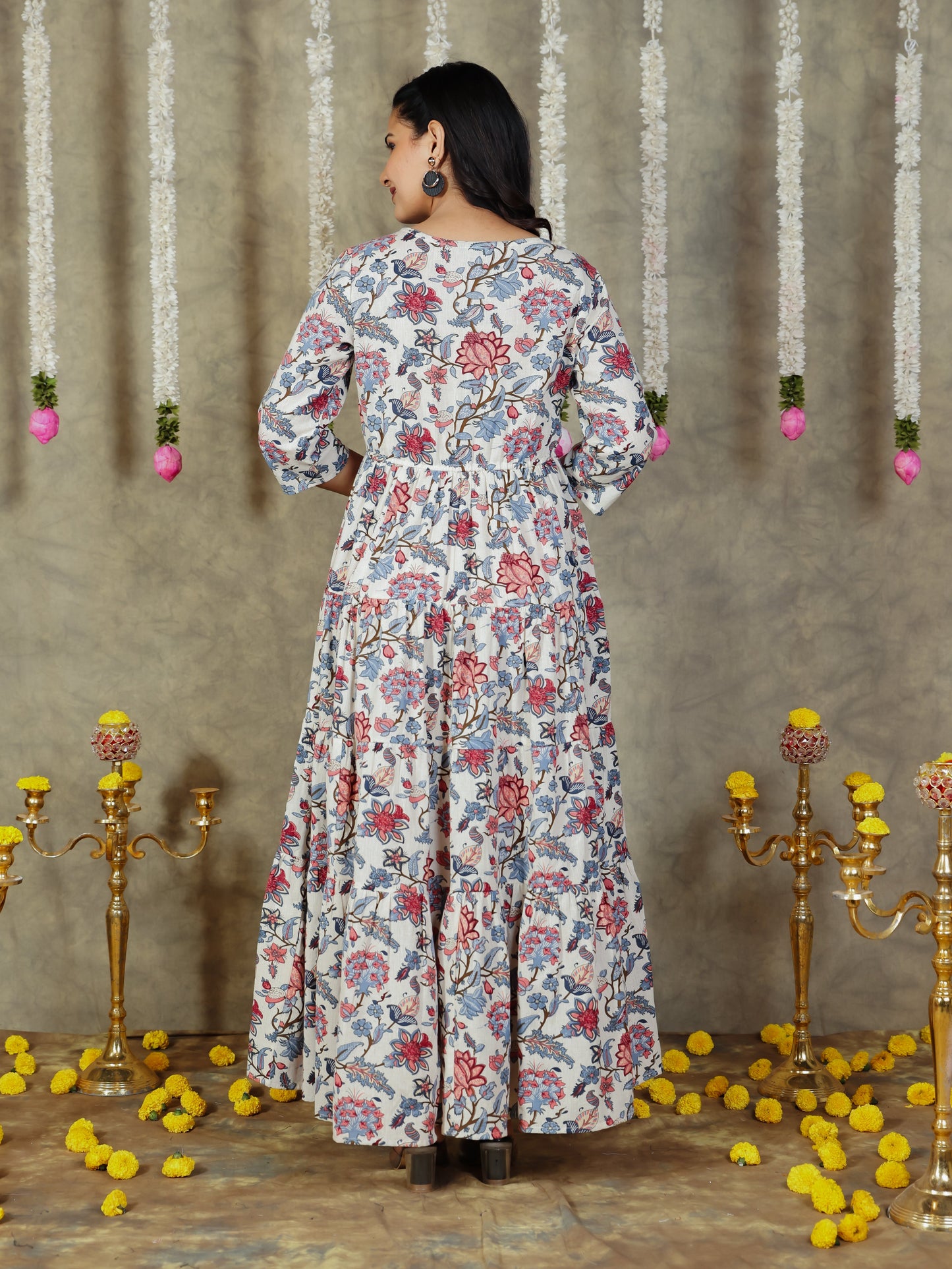 Linen Cotton Floral Anarkali Off White Dress