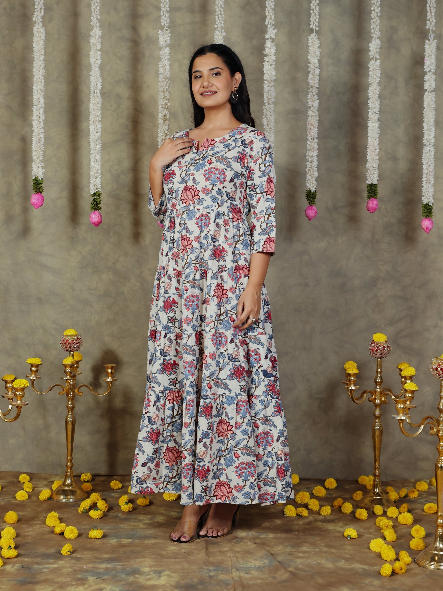 Linen Cotton Floral Anarkali Off White Dress