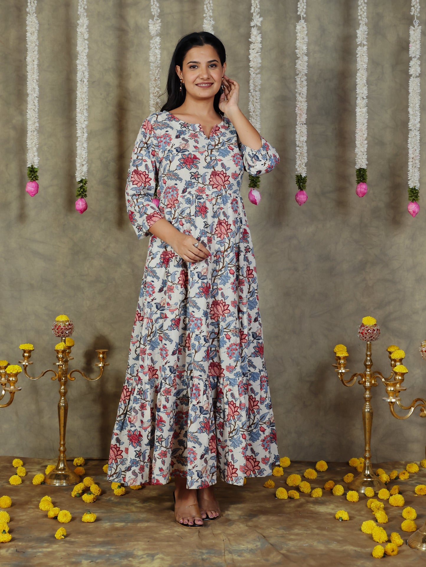 Linen Cotton Floral Anarkali Off White Dress