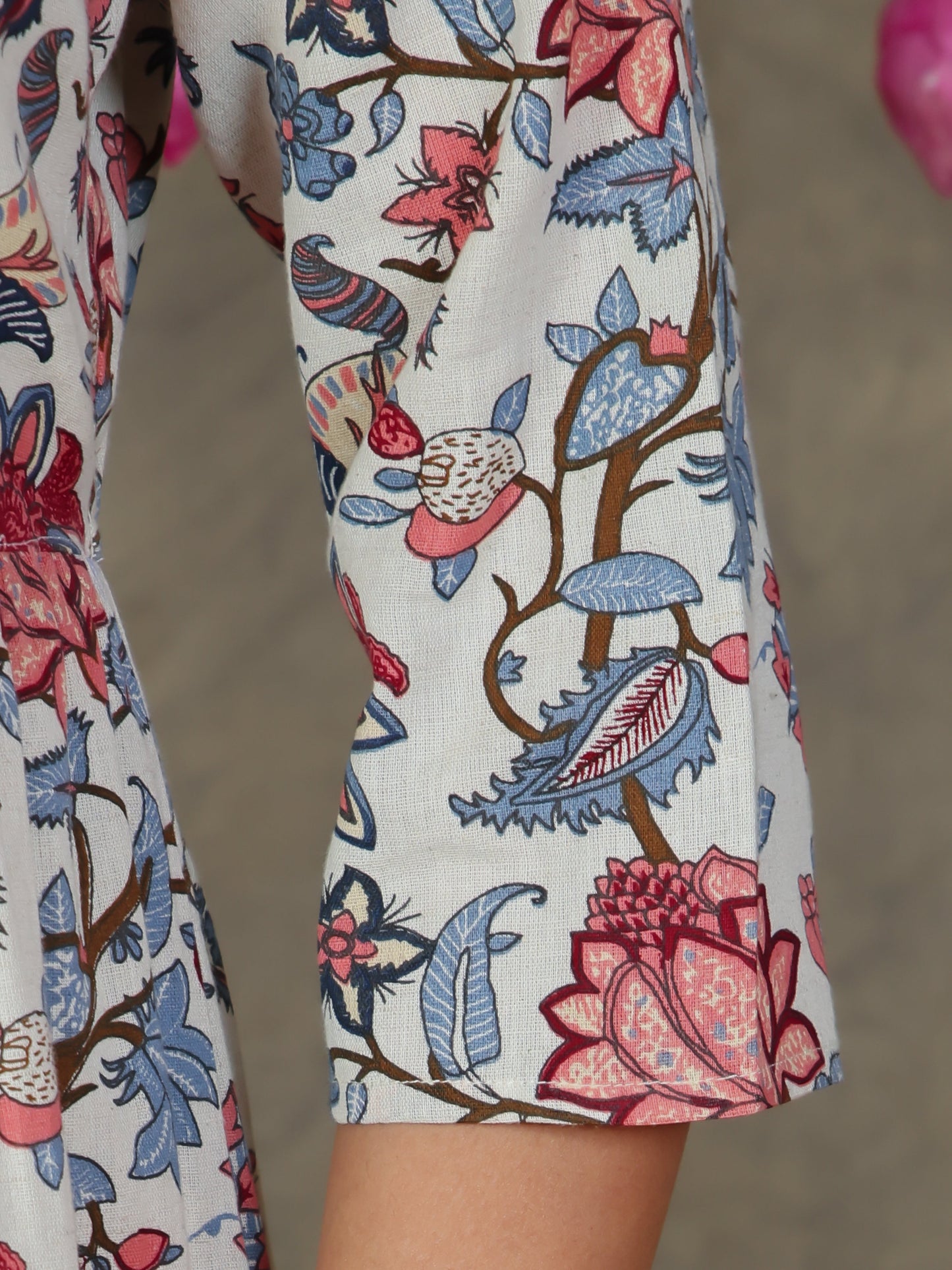 Linen Cotton Floral Anarkali Off White Dress