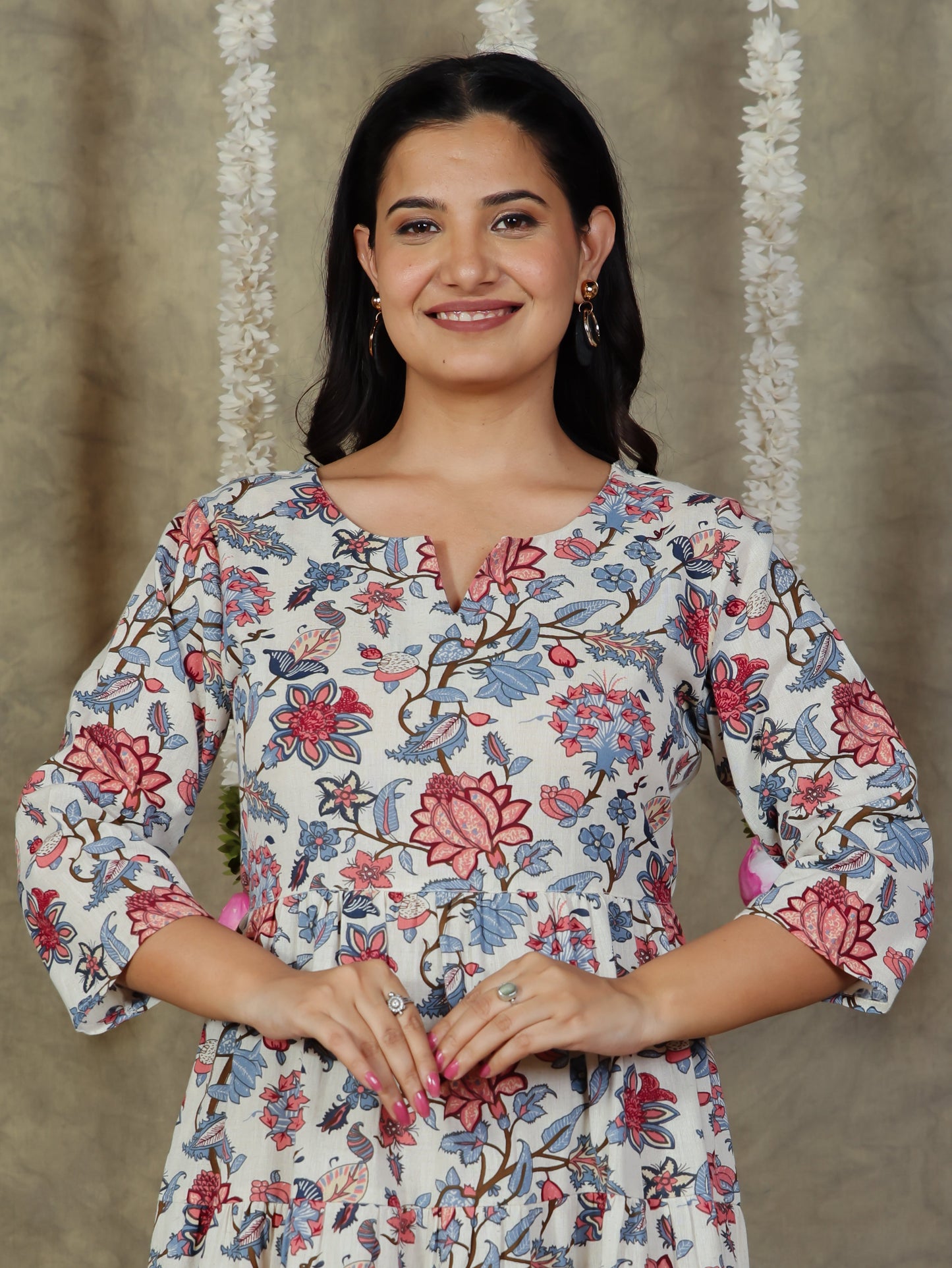 Linen Cotton Floral Anarkali Off White Dress