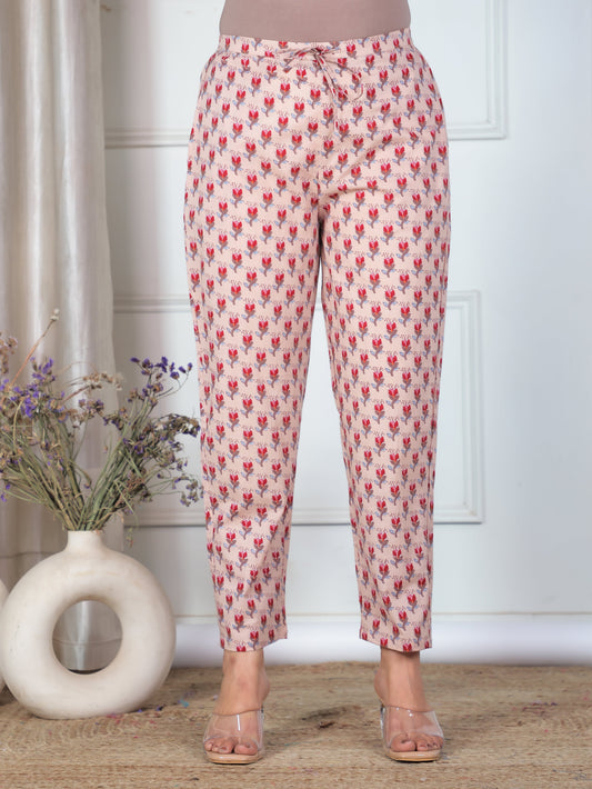Soft Cotton Floral Beige Tapered Trousers