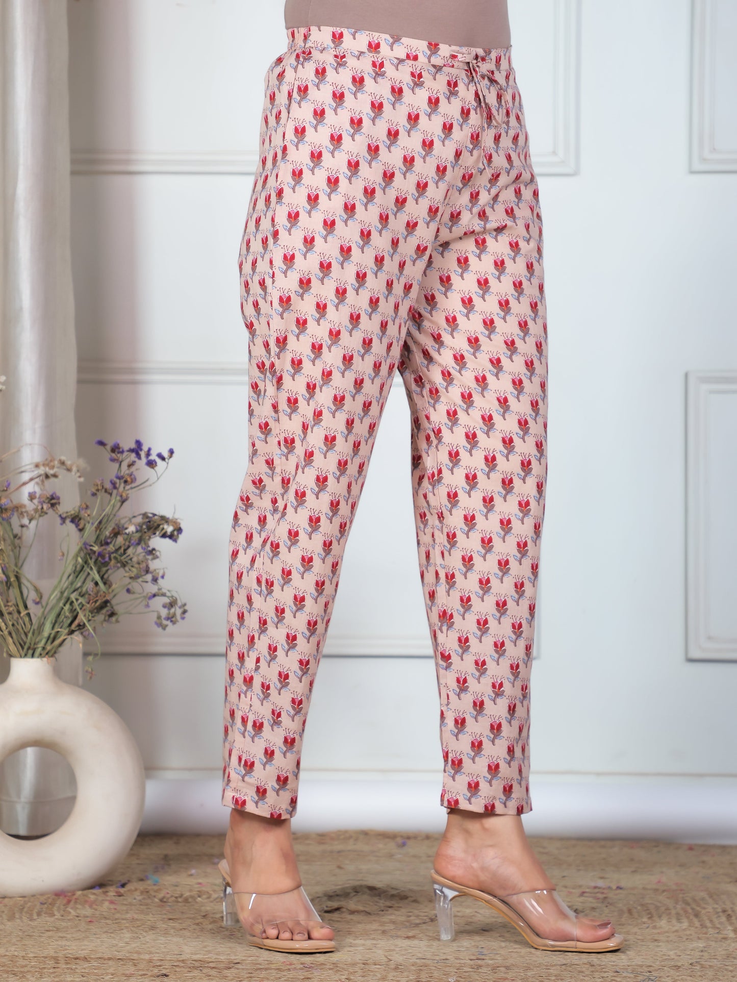 Soft Cotton Floral Beige Tapered Trousers