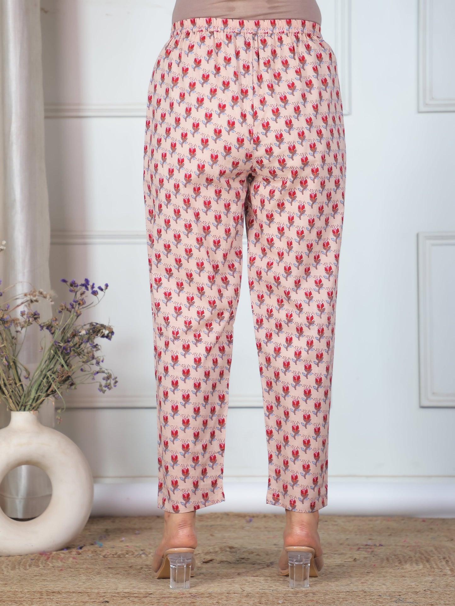 Soft Cotton Floral Beige Tapered Trousers