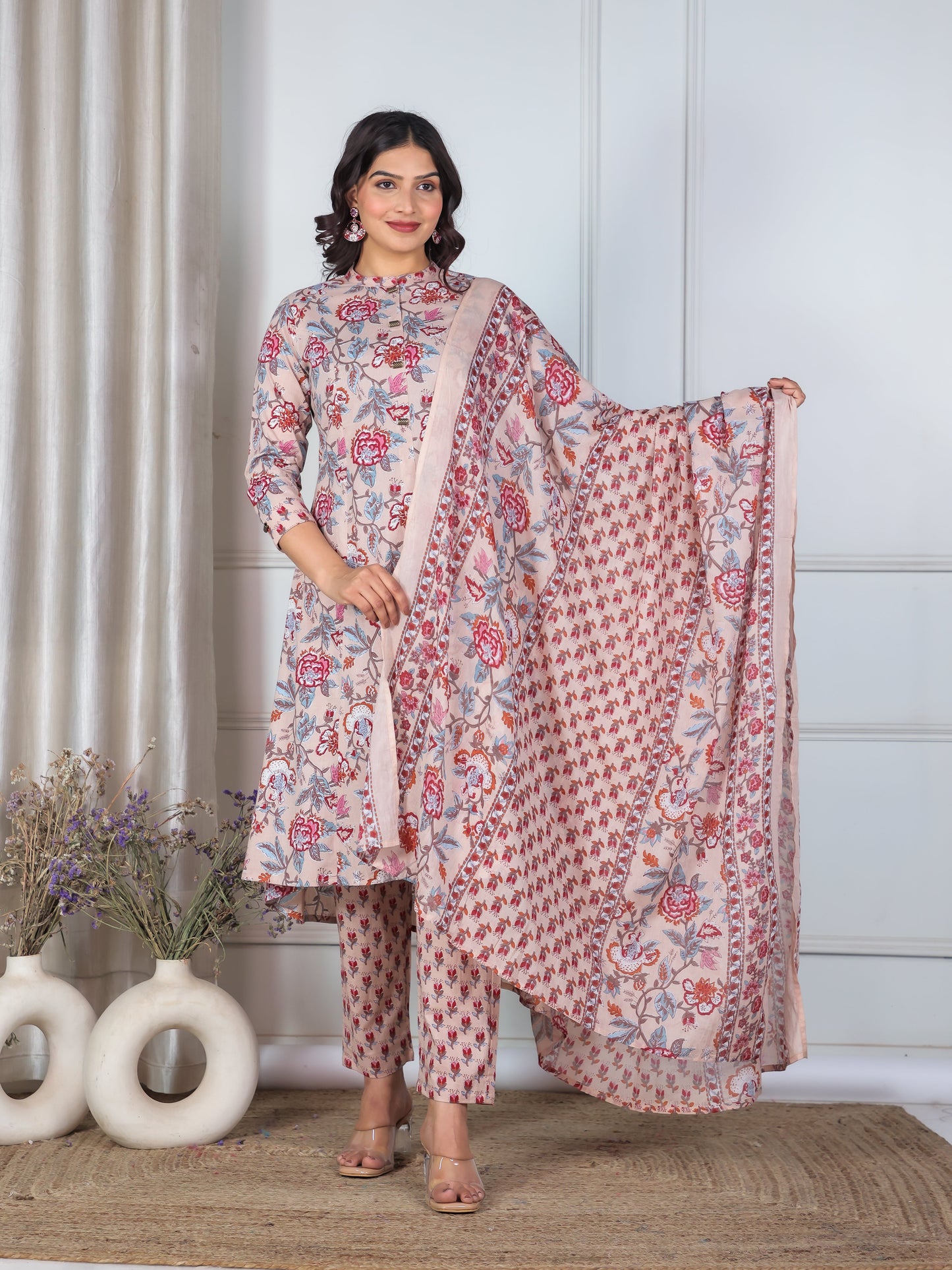 Cotton Voile Floral Beige Dupatta