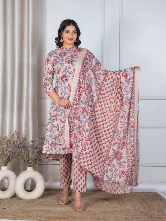 Cotton Voile Floral Beige Dupatta