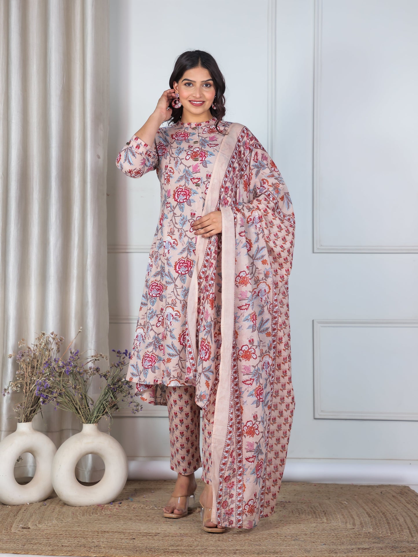 Cotton Voile Floral Beige Dupatta