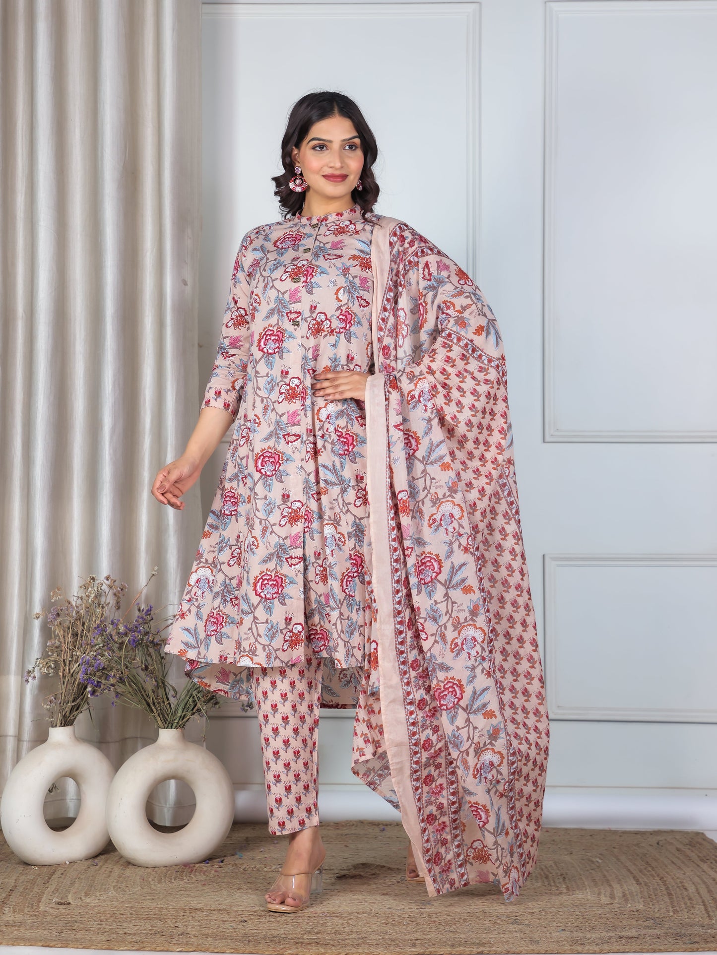 Cotton Voile Floral Beige Dupatta