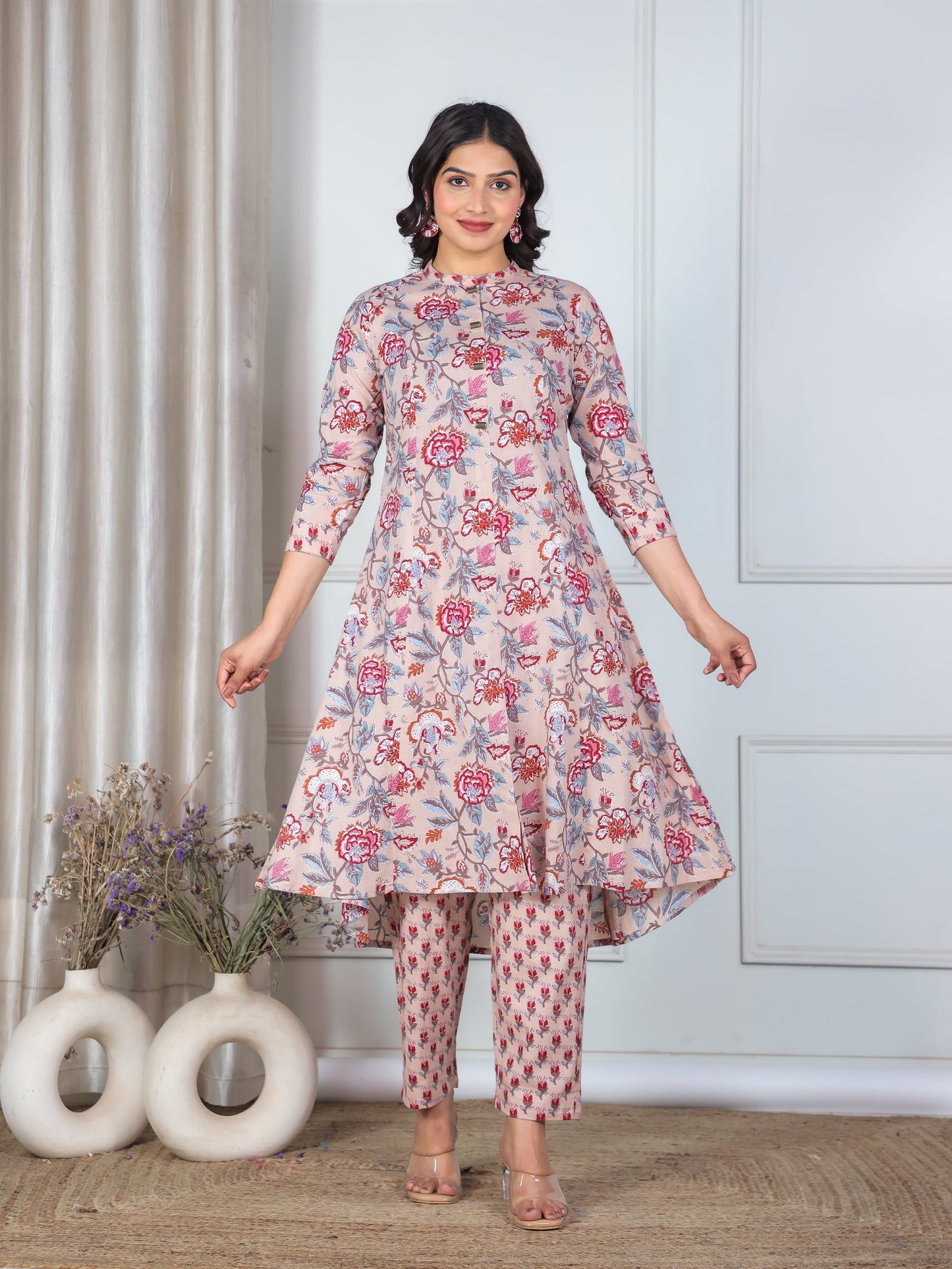 Soft Cotton Floral High Low Beige Kurta