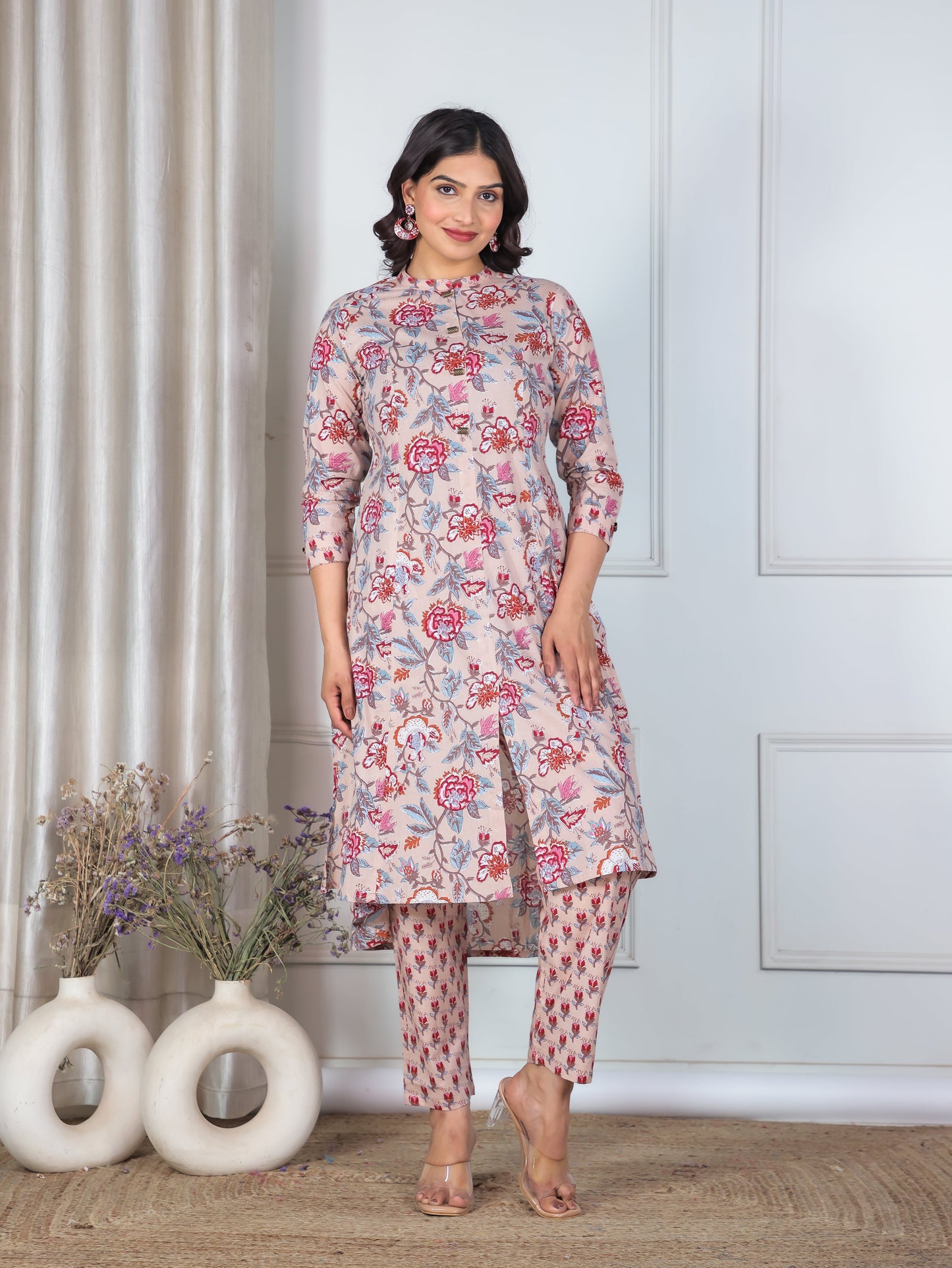 Soft Cotton Floral High Low Beige Kurta