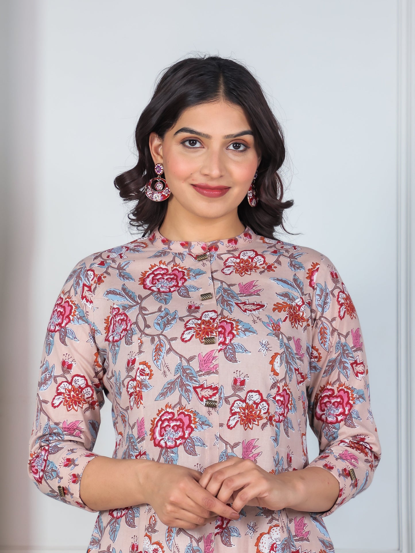 Soft Cotton Floral High Low Beige Kurta