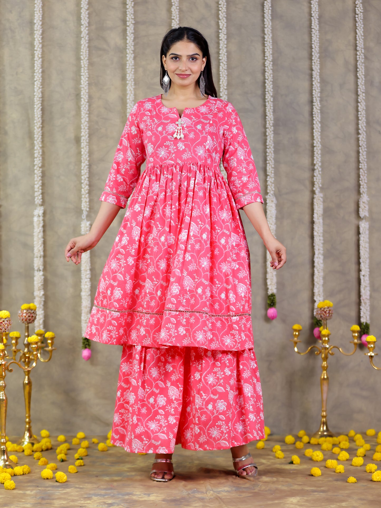 Soft Cotton Floral Flared Pink Kurta