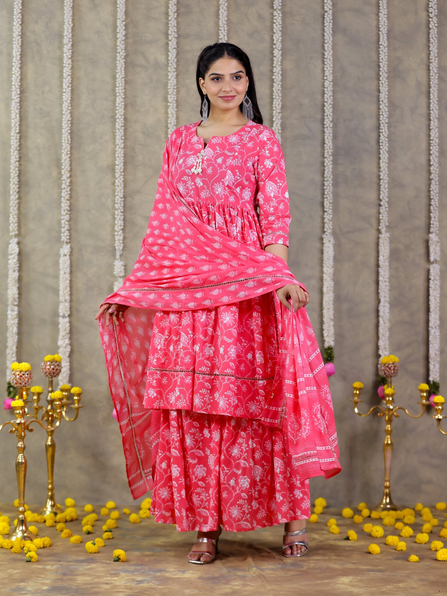 Soft Cotton Floral Flared Pink Kurta