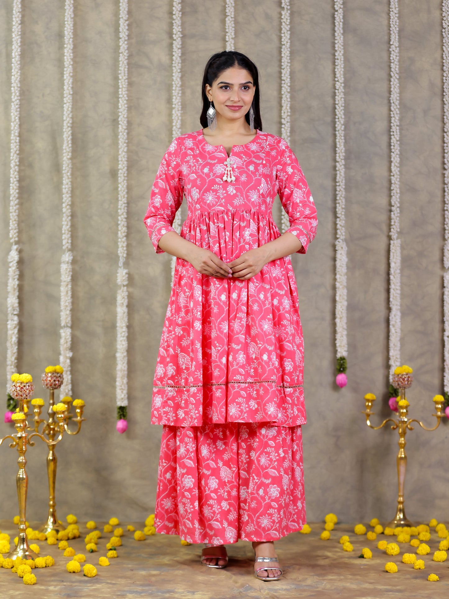 Soft Cotton Floral Flared Pink Kurta