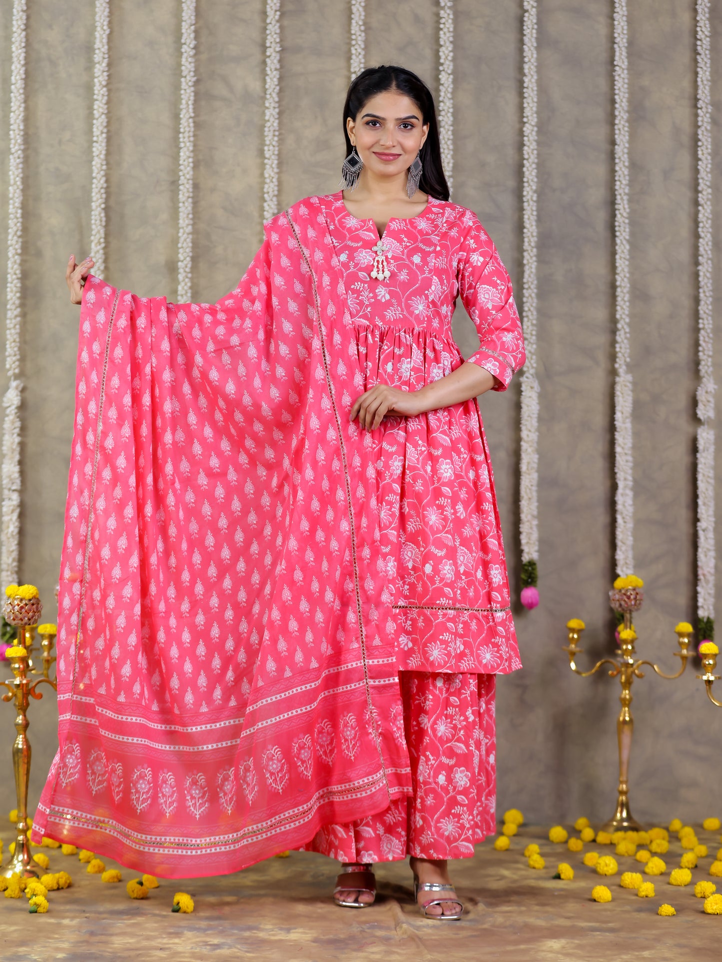 Soft Cotton Floral Flared Pink Kurta