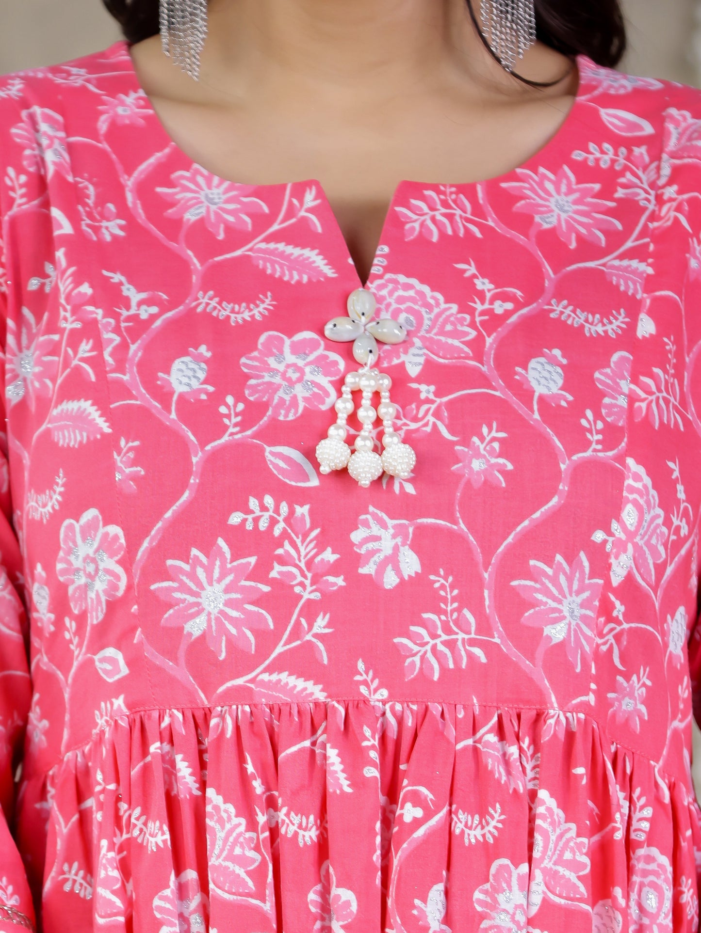 Soft Cotton Floral Flared Pink Kurta