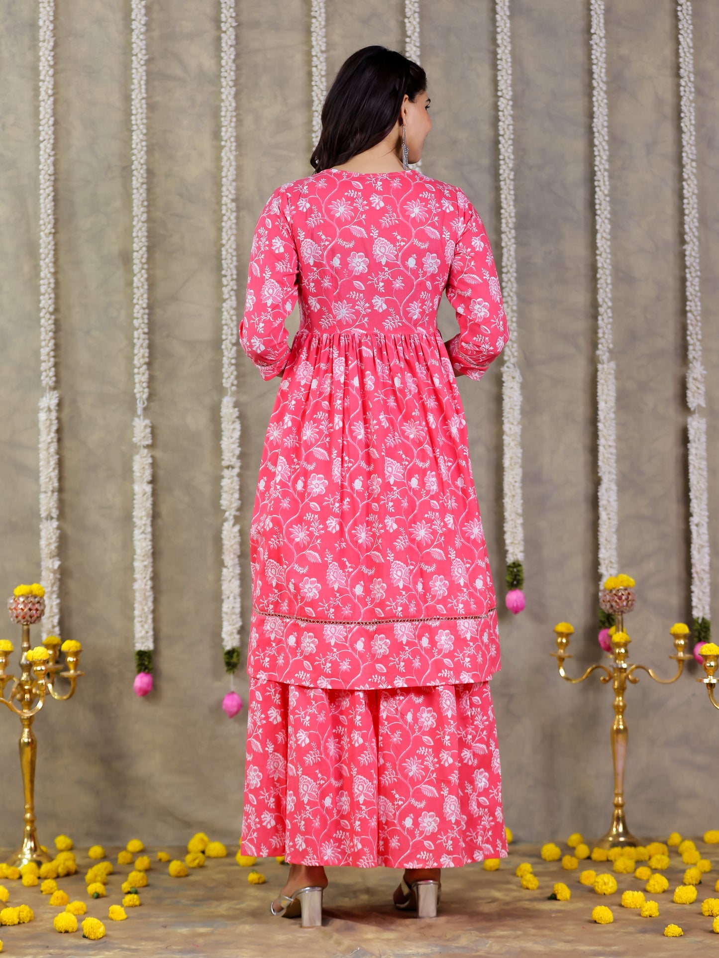 Soft Cotton Floral Flared Pink Kurta