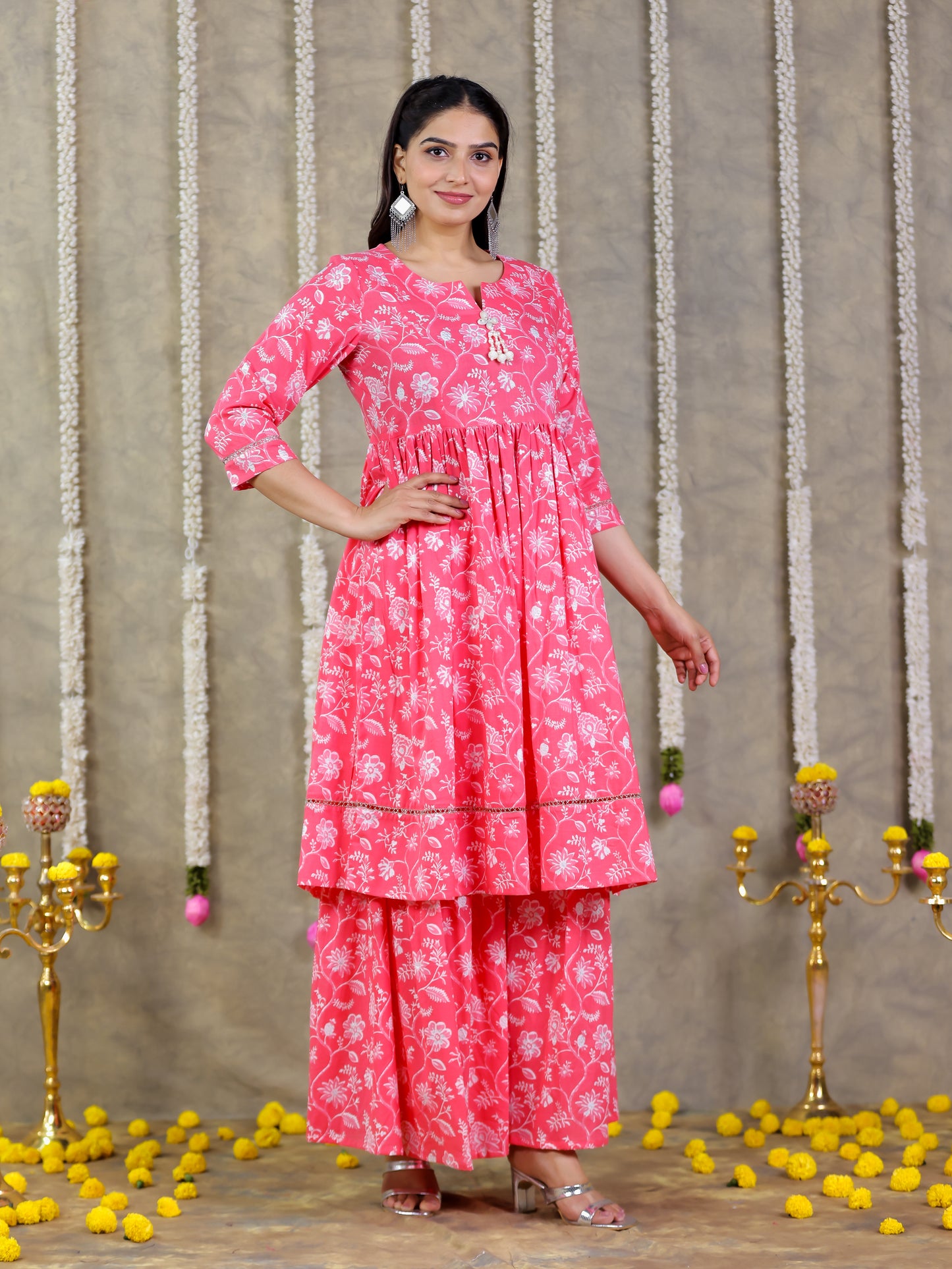 Soft Cotton Floral Flared Pink Kurta